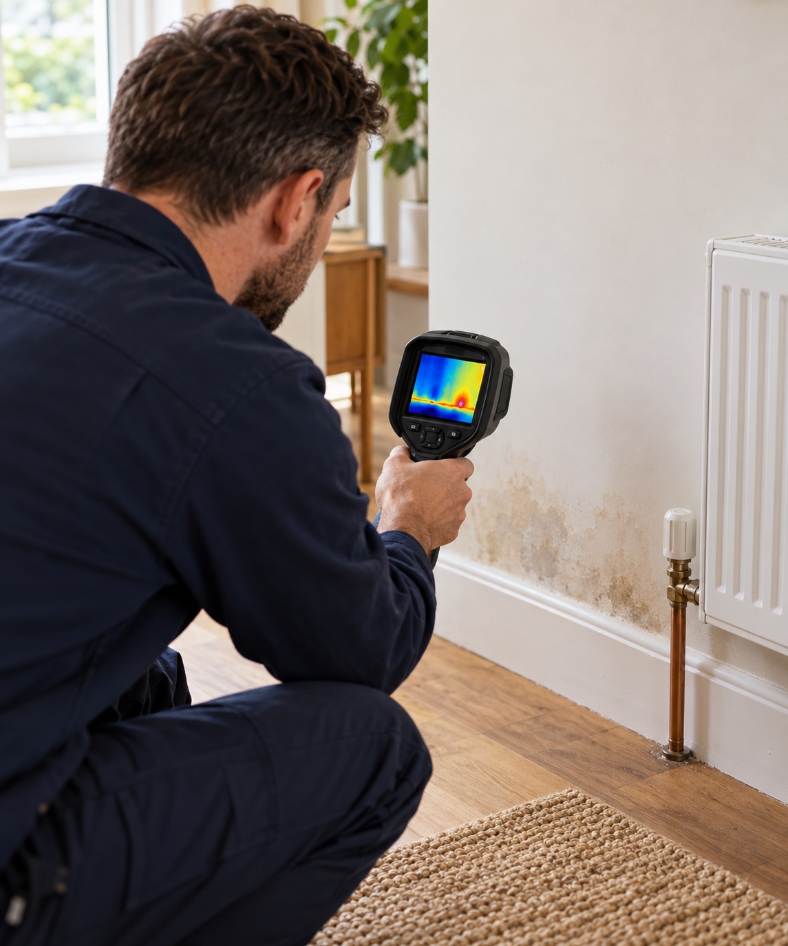 Illustration of a plumber inspecting a damp wall beside a radiator with a thermal imaging camera