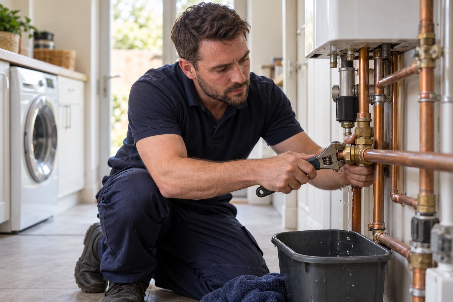 Plumber repairing a leaking copper pipe with an adjustable wrench
